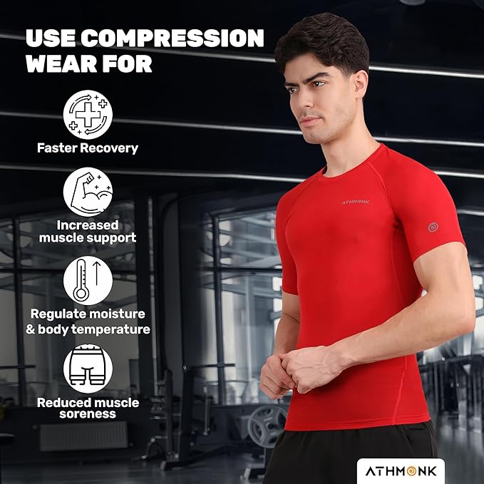 Athmonk Compression T-Shirt Vest Body Shaper Half Sleeve for Men Boys Branded - Nylon Lycra Fabric - Workout Gym Cricket Football Sports Training - Keep Dry Tight Skin Fit - Round Neck